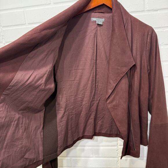 VINCE Brown Leather Draped Zip Moto Jacket Cashwool Chocolate Brown Size XL - Picture 6 of 16